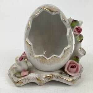 Vintage Ceramic Cracked Egg Planter Japan Rose Duck Figurine Hand Painted 4.25"